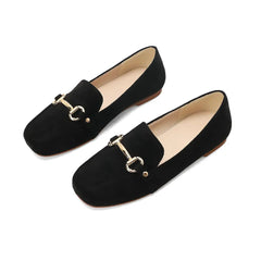 Damen Loafer in Wildlederoptik, goldene Spange, eckige Spitze, Schwarz