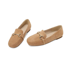 Damen Loafer in Wildlederoptik, goldene Spange, eckige Spitze, Aprikose
