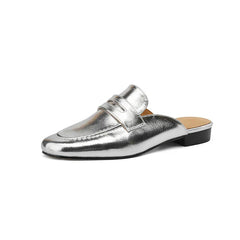 Damen-Penny-Loafer-Mule aus Leder mit kleinem Absatz, Silber
