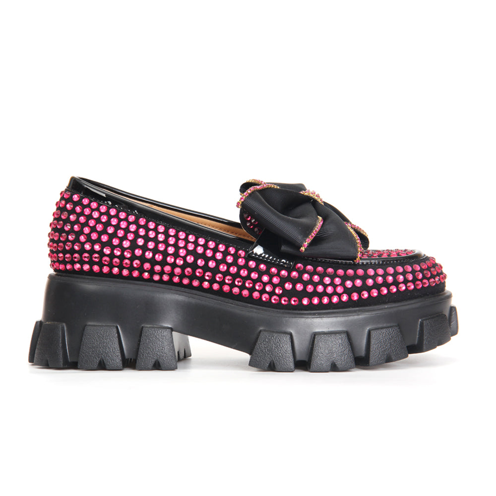 Plateau-Loafer mit rosafarbenem Strass-Schmetterling für Damen