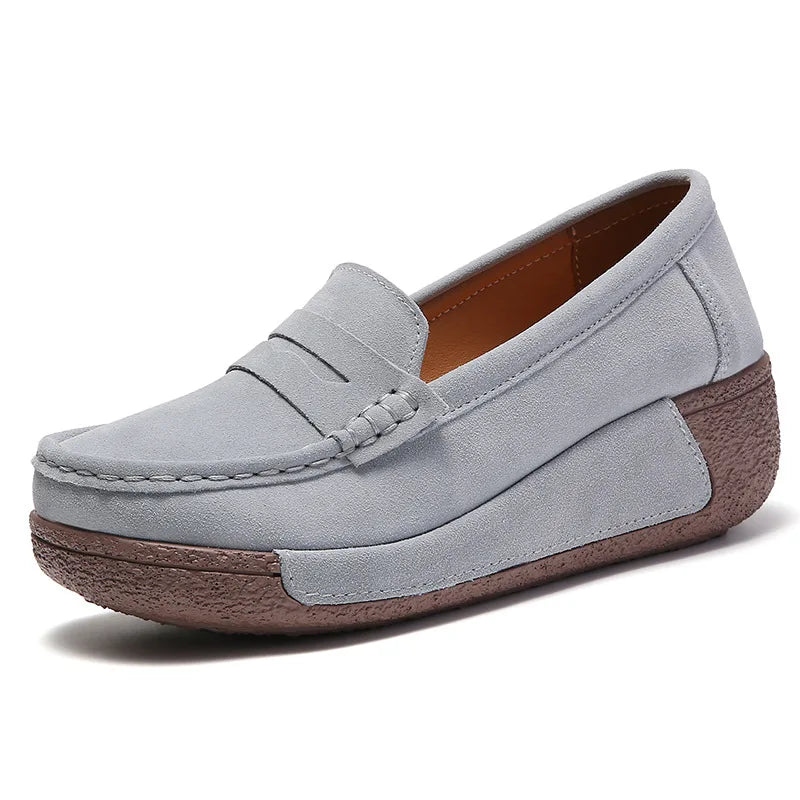 Damen-Wildleder-Loafer mit Keilsohle und Penny-Verarbeitung in Dunkelgrau, Ansicht 3