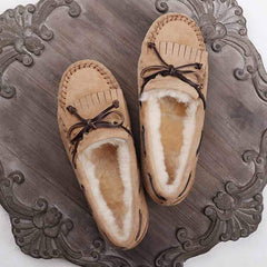 Gefütterte Wildleder-Mokassins mit Schleife für Damen, Beige
