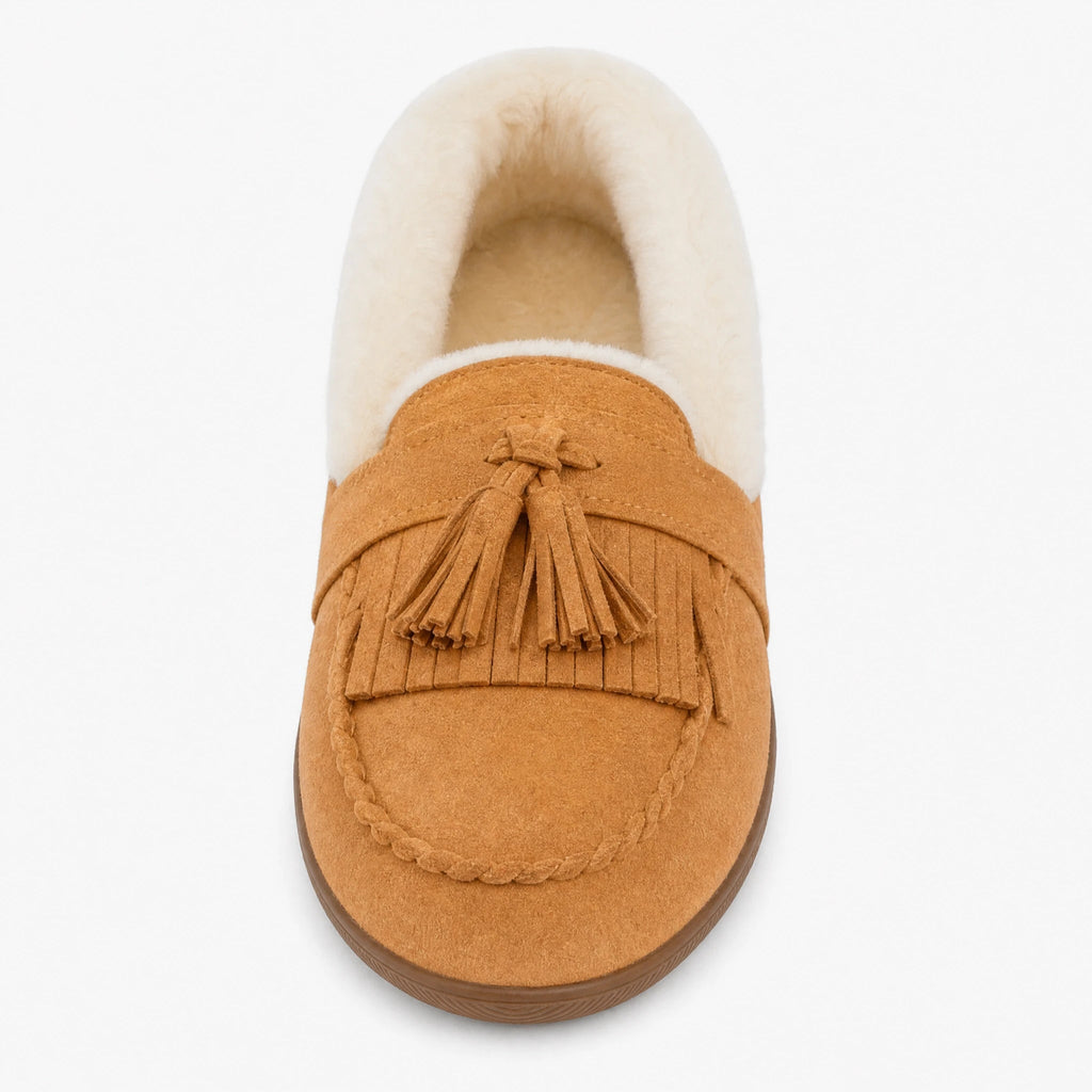 Gefütterter Damen-Mokassin in Camel mit Bommeln, Seitenansicht