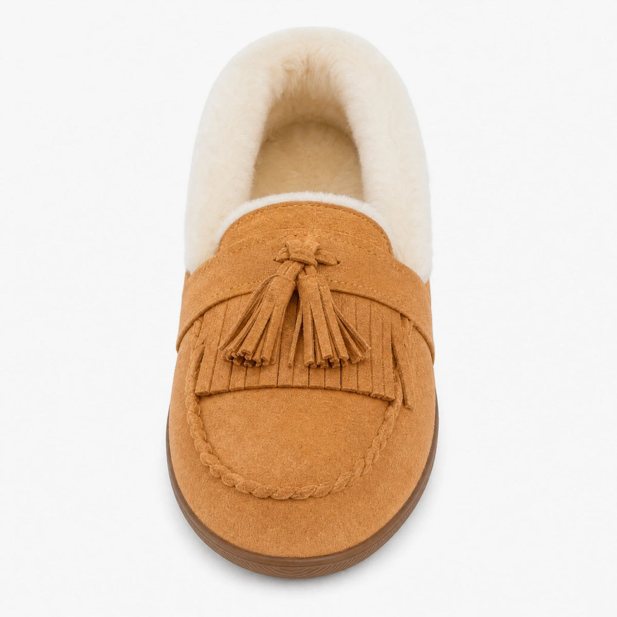 Gefütterter Damen-Mokassin in Camel mit Bommeln, Seitenansicht