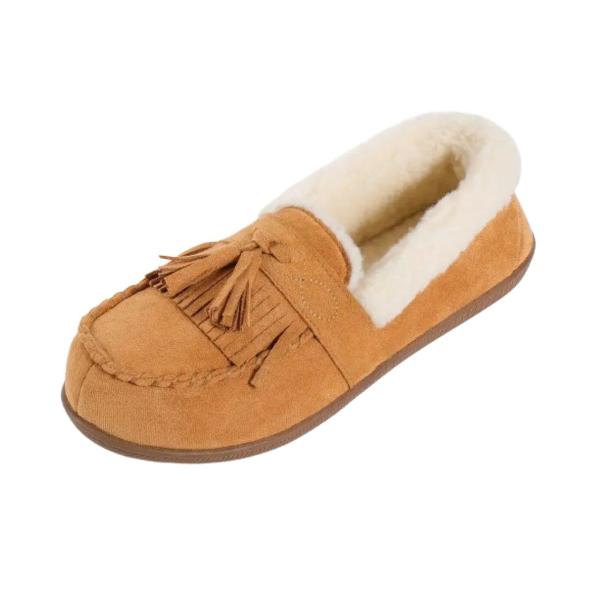 Gefütterter Mokassin in Camel mit Wollfutter, Paar im Detail