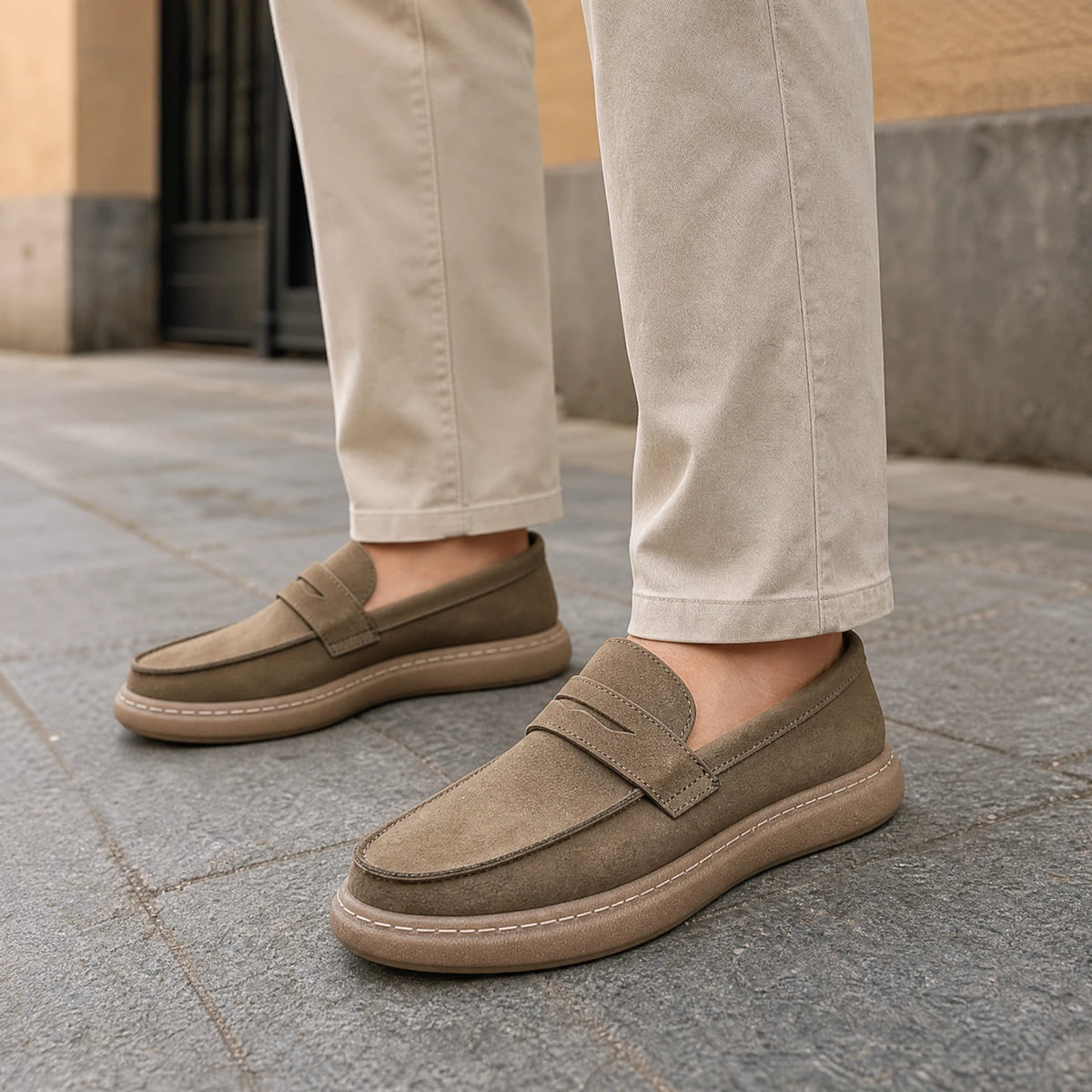 Herren-Mokassin aus Leder mit Riemen und dicker Sohle in Khaki