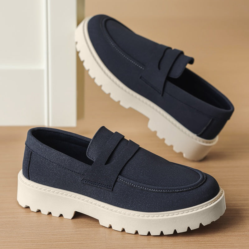 Herren-Mokassin mit weißer Profilsohle aus Flanell in Wildleder-Optik in Marineblau, Detailansicht
