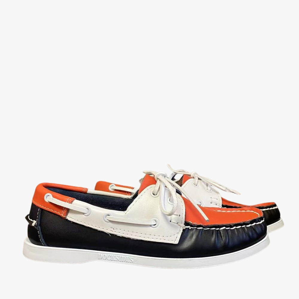 Lässige dreifarbige orangefarbene Bootsmokassins für Herren