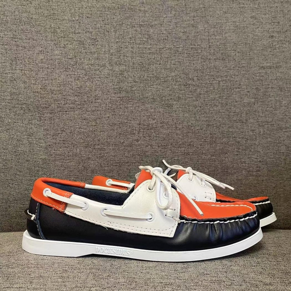 Lässige dreifarbige orangefarbene Bootsmokassins für Herren