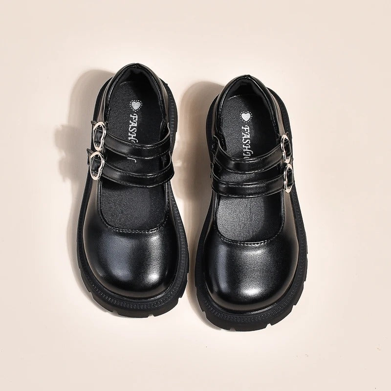Trendige schwarze Mokassins für Mädchen mit doppeltem Riemen