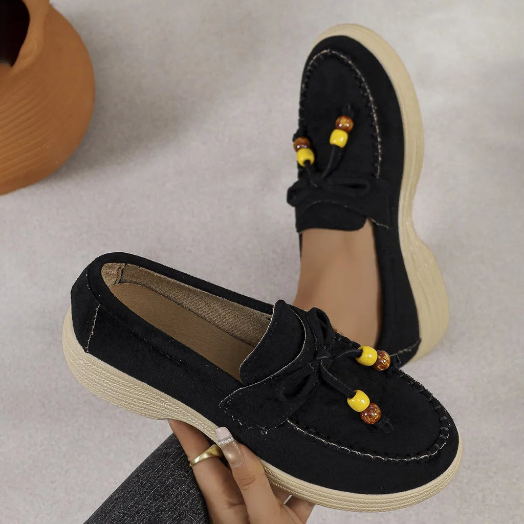 Damen Plateau-Loafer mit Perlenschleife in Braun
