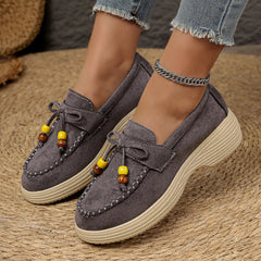 Damen Plateau-Loafer mit Perlenschleife, Dunkelgrau