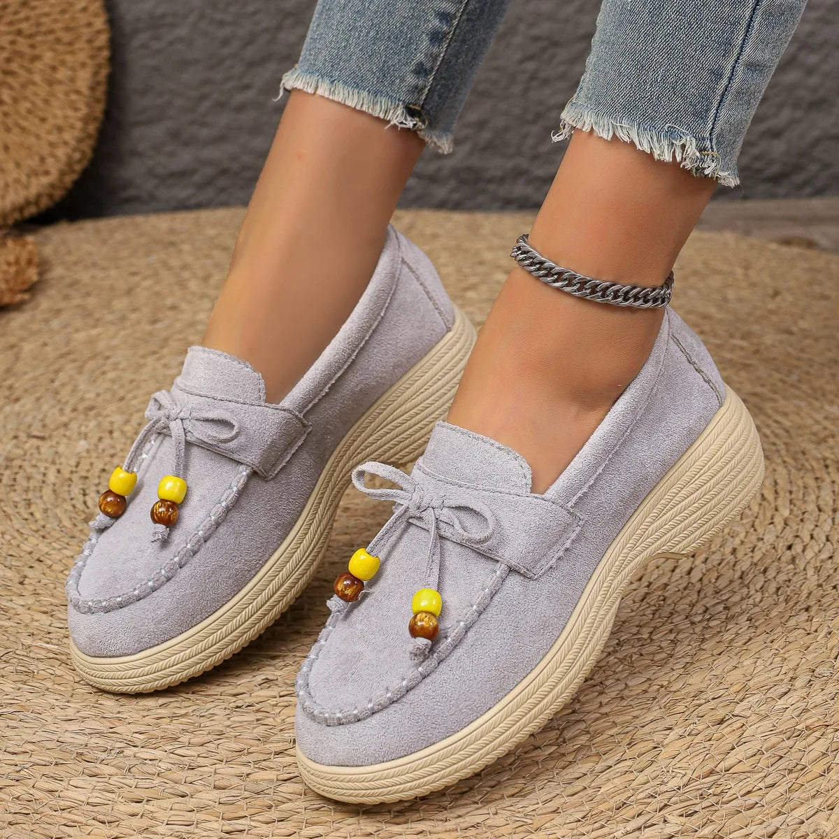 Plateausohle des Damen-Loafers mit Perlenschleife