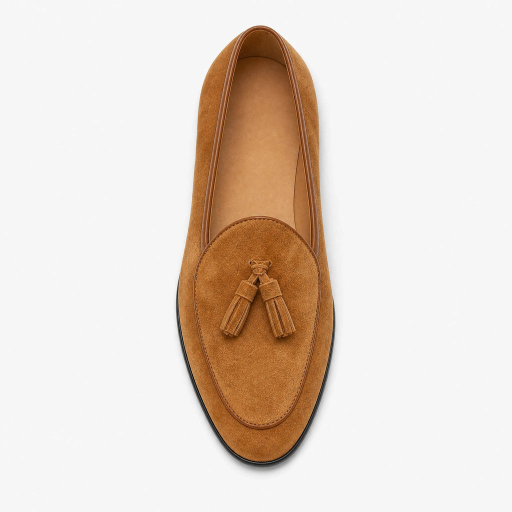 Herren Quastenloafer aus Veloursleder mit schmaler Spitze in Camel, Ansicht 1