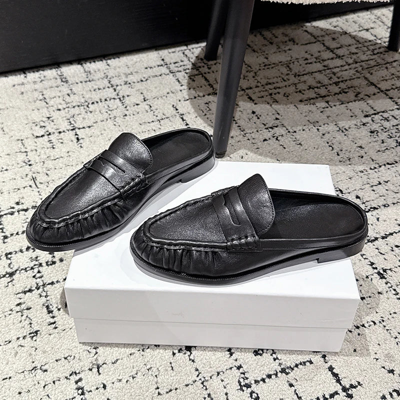 Loafer Mule Damen Leder flacher Absatz in Schwarz Wildlederoptik, Seitenansicht