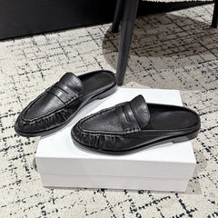 Penny Loafer Mule Damen mit flachem Absatz aus Leder, Schwarz glatt