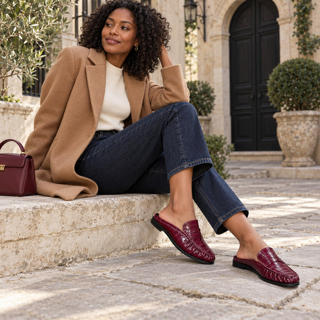 Loafer Mule Damen Leder flacher Absatz in Schwarz glatt, Getragen im Alltag