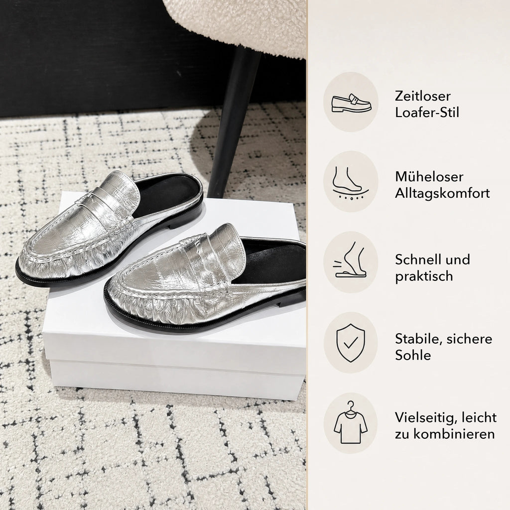 Loafer Mule Damen Leder flacher Absatz in Silber, Draufsicht