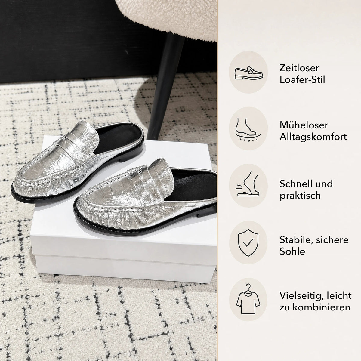Loafer Mule Damen Leder flacher Absatz in Silber, Draufsicht