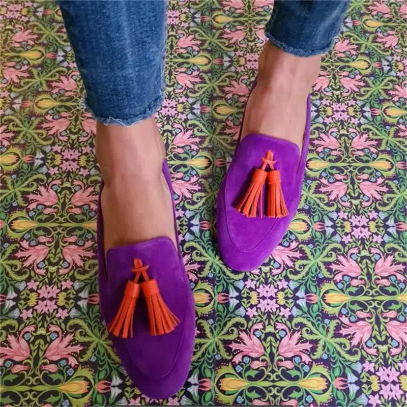 Bunte Damen-Loafer mit Quasten und flachen Absätzen