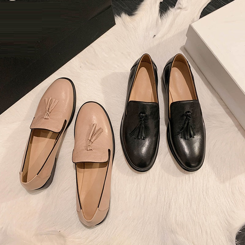 Damen-Loafer mit Quasten aus echtem Leder und runder Zehenpartie