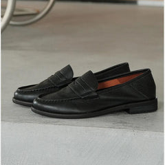 Loafer mit Blockabsatz aus weichem Leder für Damen, Schwarz