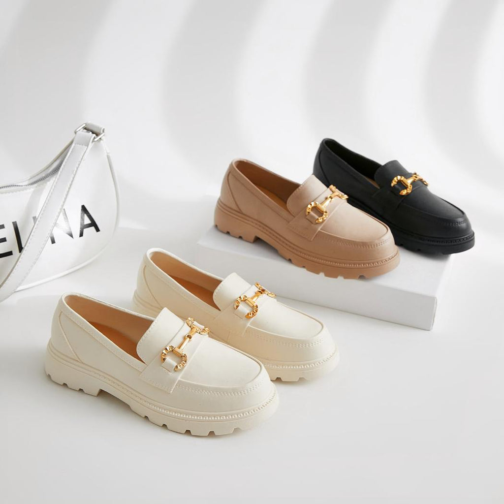 Damen Mokassins mit Plateau und Metallkette