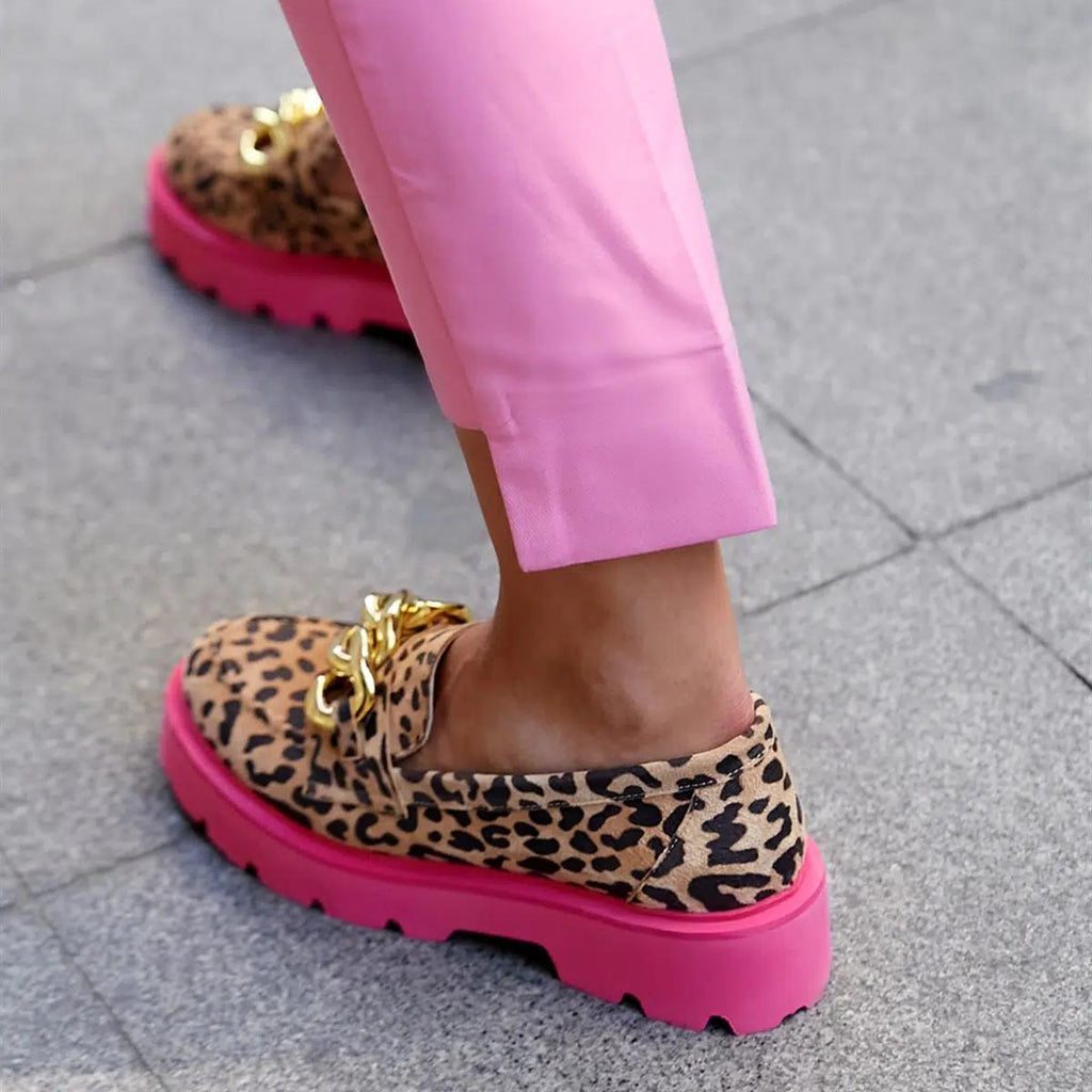 Trendige Leoparden-Loafer mit dicker rosa Sohle für Damen