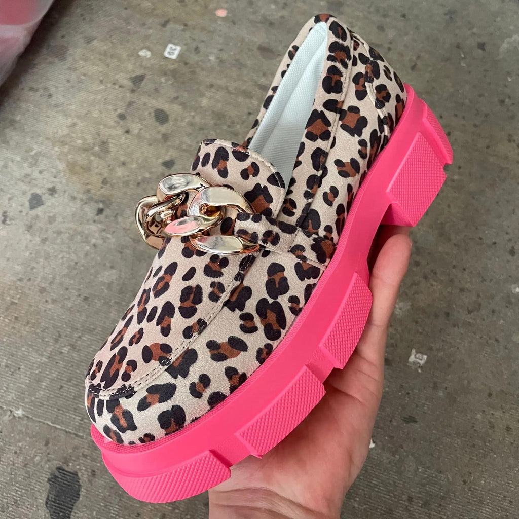 Trendige Leoparden-Loafer mit dicker rosa Sohle für Damen
