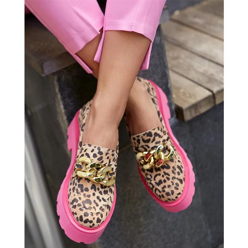 Trendige Leoparden-Loafer mit dicker rosa Sohle für Damen