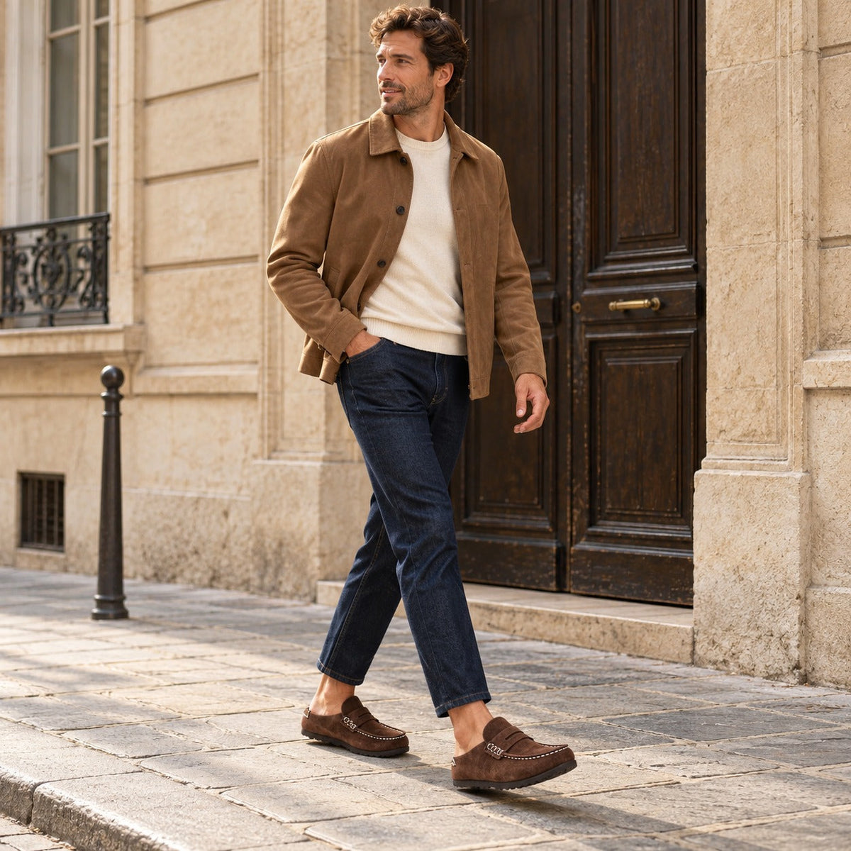 Mokassin-Clogs aus Veloursleder, Farbe Camel, Ansicht 4 Bild