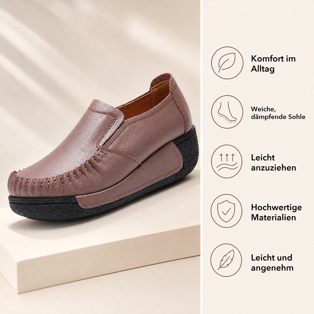 Damen Mokassin aus Glattleder mit dicker Sohle in Beige
