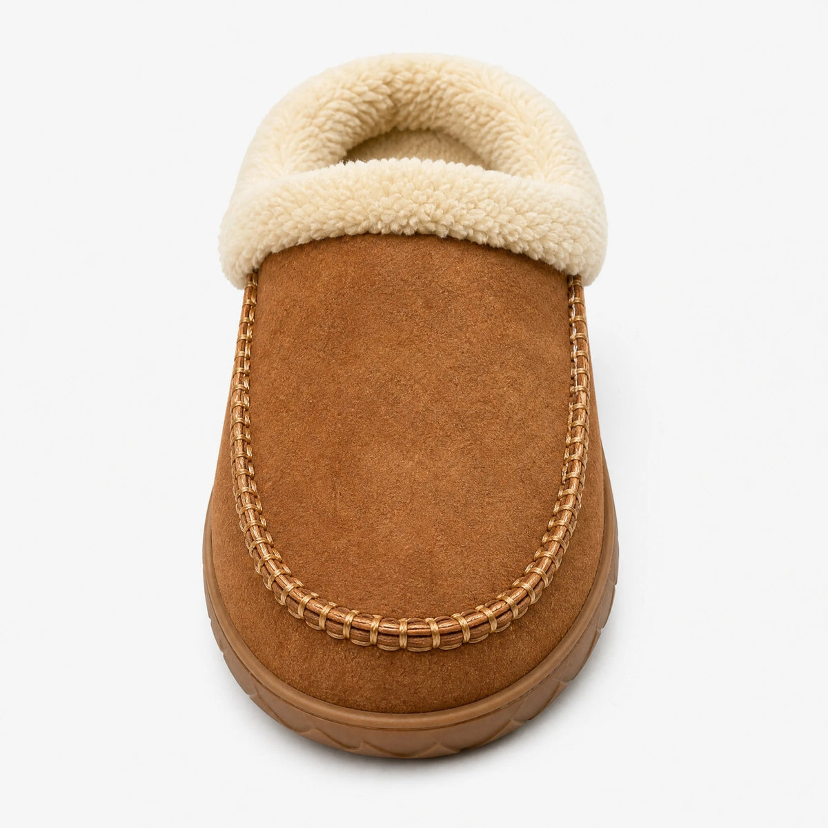 Gefütterter Mokassin-Hausschuh in Camel mit Bouclé-Kragen, Seitenansicht