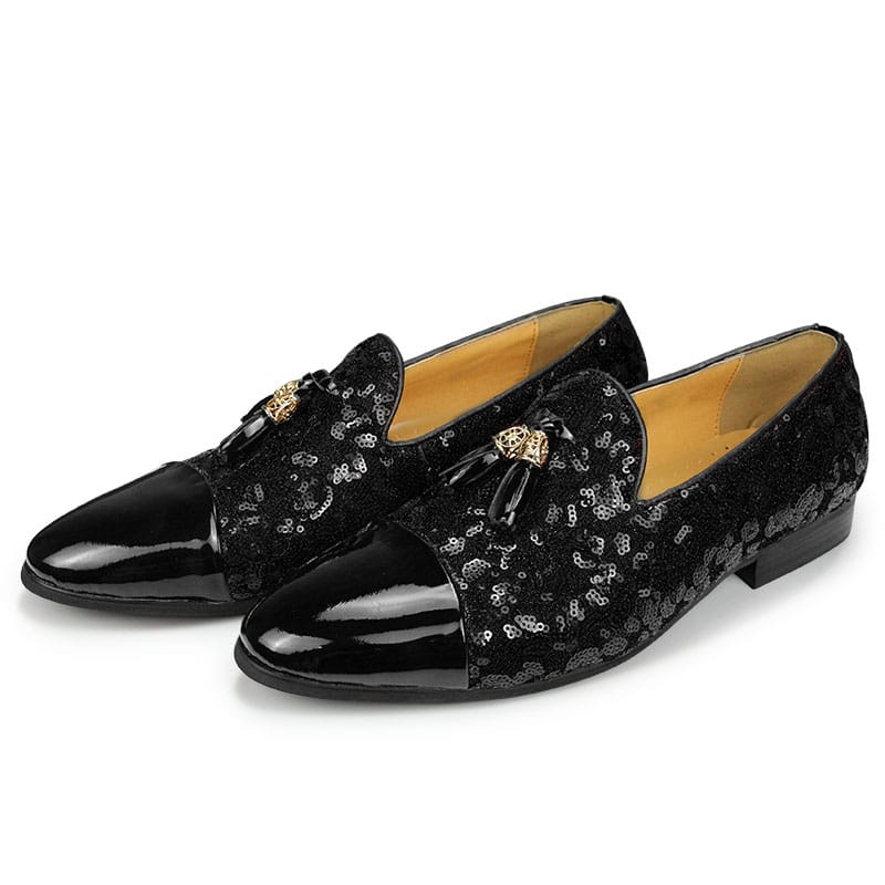 Lackloafer mit Quasten und Pailletten