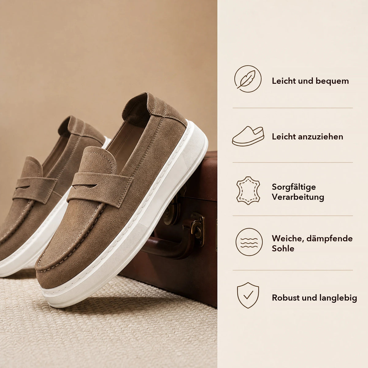 Mokassins mit dicker weißer Sohle und Spange in Camel, Detailansicht Bild
