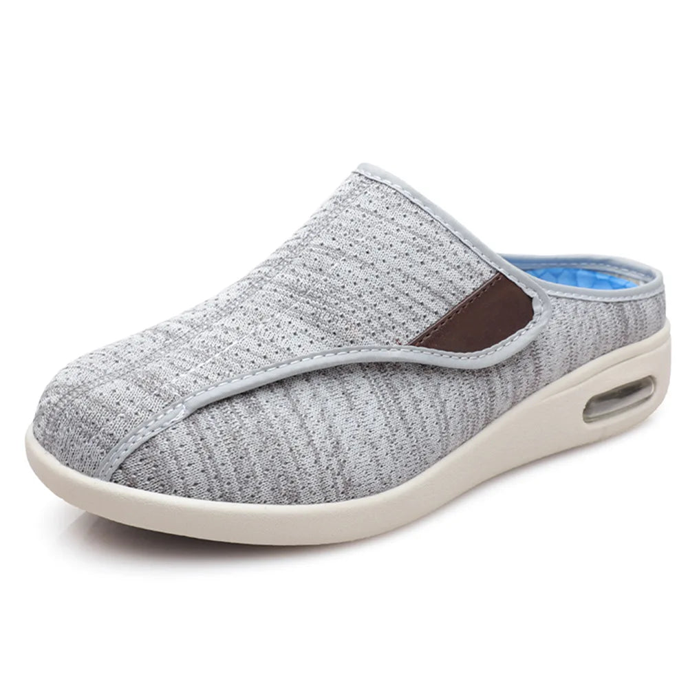 Orthopädische Mules mit Klettverschluss aus meliertem Mesh in Dunkelgrau