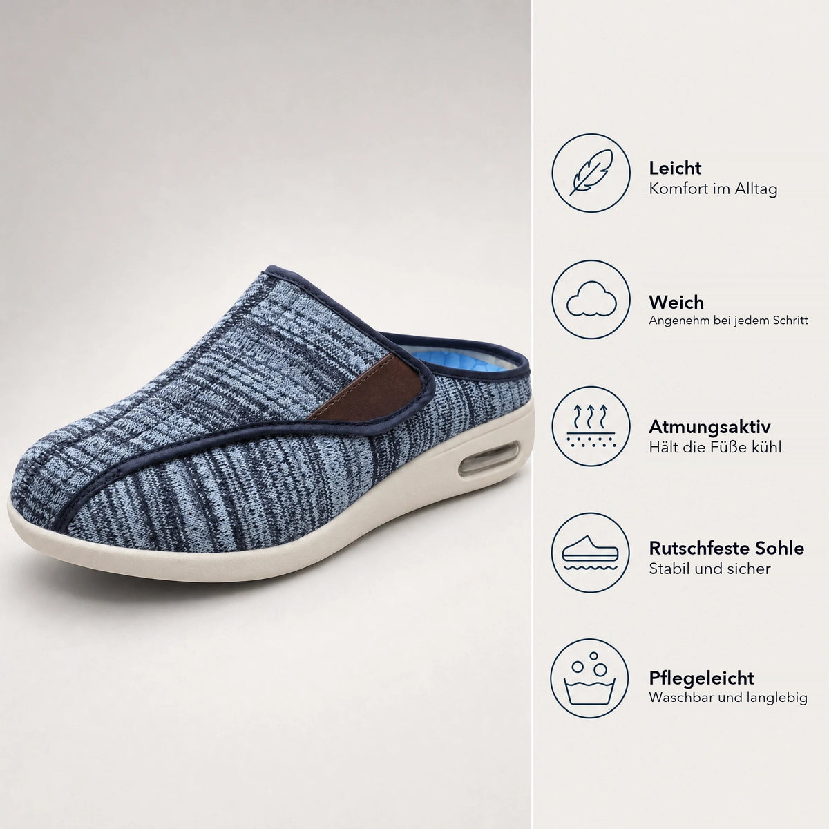 Orthopädische Mules mit Klettverschluss aus meliertem Mesh, Seitenansicht