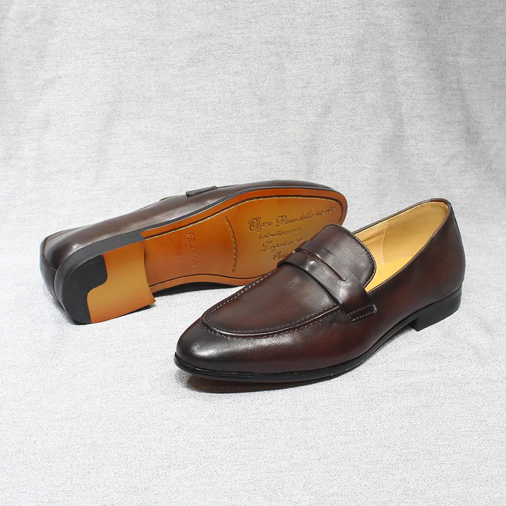 Penny Loafer Herren handpatiniertes Leder in Cognac, Paar von vorn