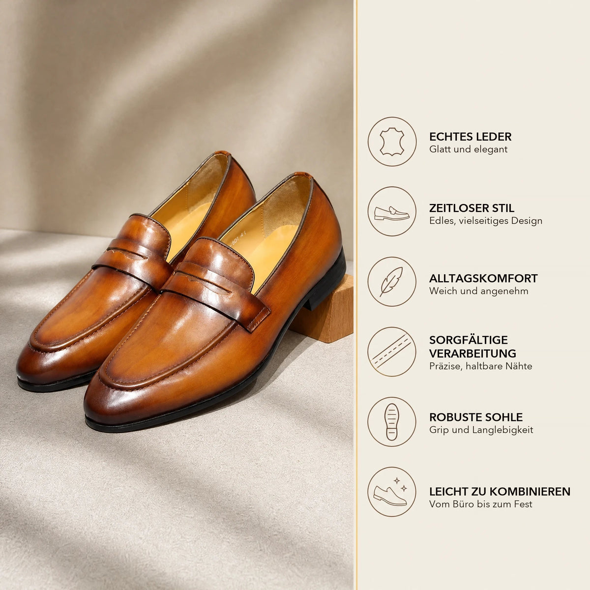 Penny Loafer Herren handpatiniertes Leder in Cognac, Rückansicht Bild