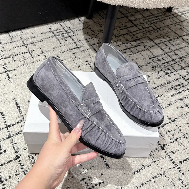 Penny Loafer Mule Damen Wildleder-Optik in Grau, Seitenansicht