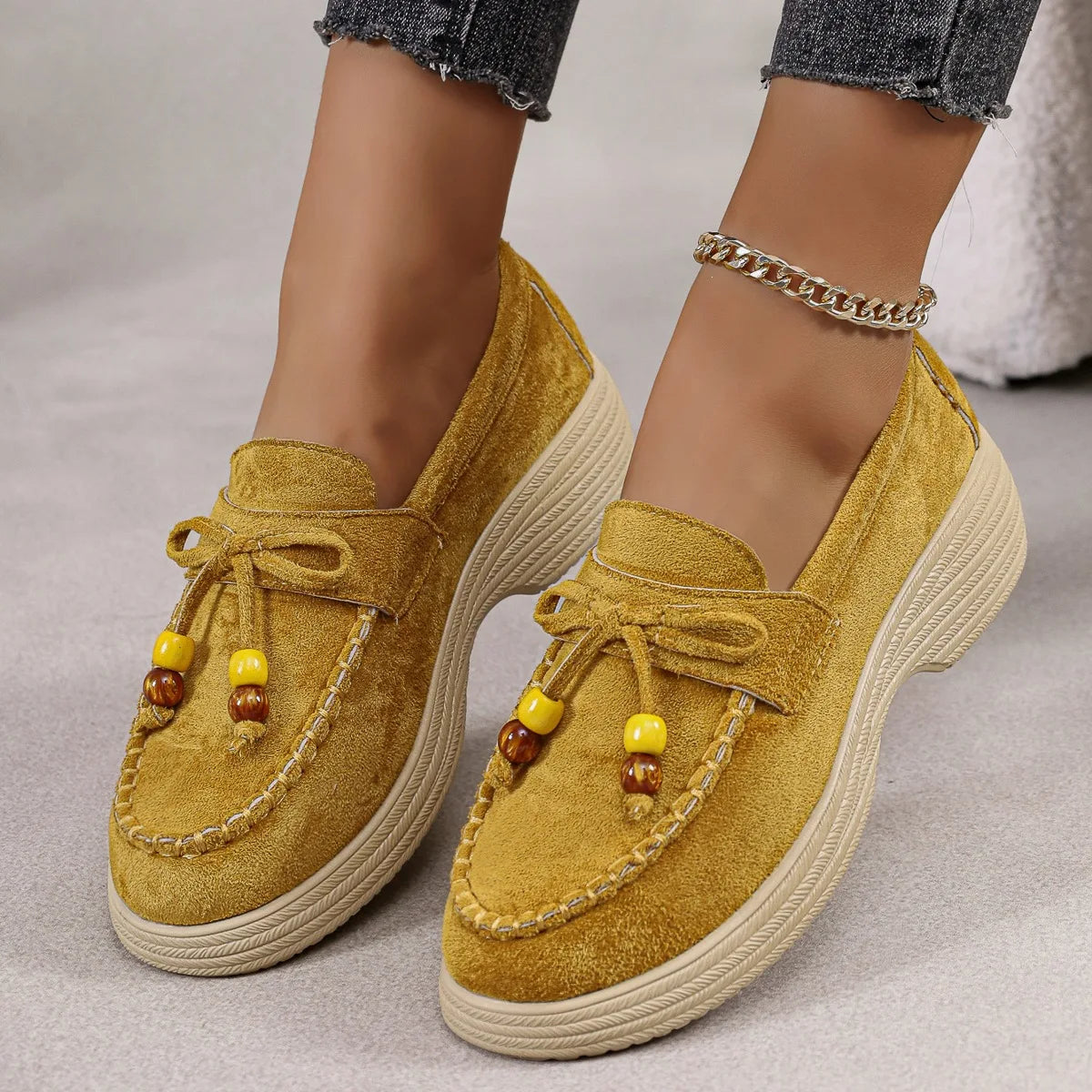 Damen Plateau-Loafer mit Schleife und bunten Perlen in Rosa