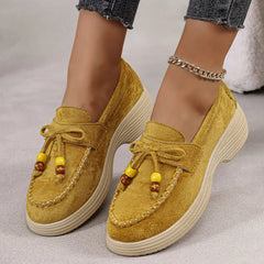 Damen Plateau-Loafer mit Schleife und bunten Perlen, Gelb