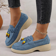 Damen Plateau-Loafer mit Schleife und bunten Perlen, Blau