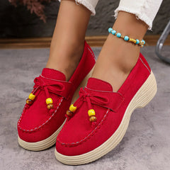 Damen Plateau-Loafer mit Schleife und bunten Perlen, Rot