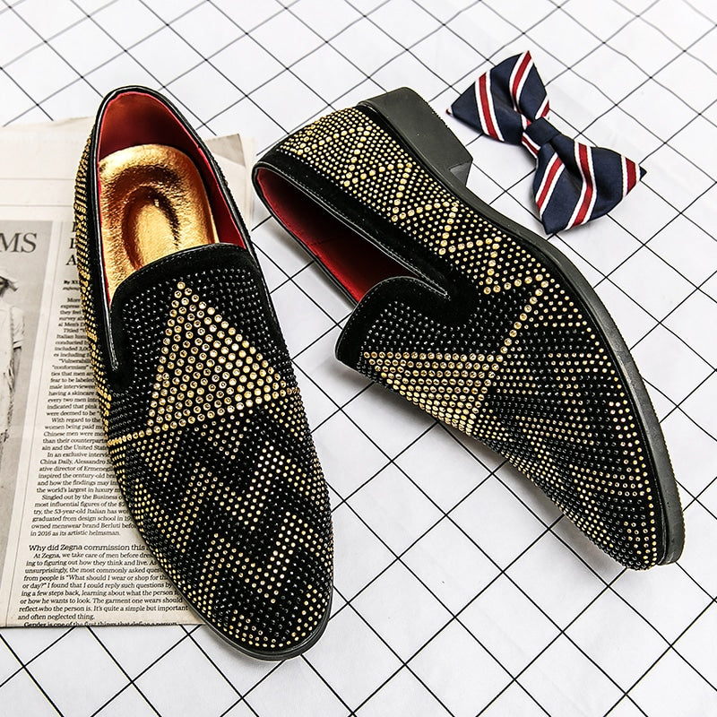 Schwarze Loafer mit goldenen Strasssteinen für Herren