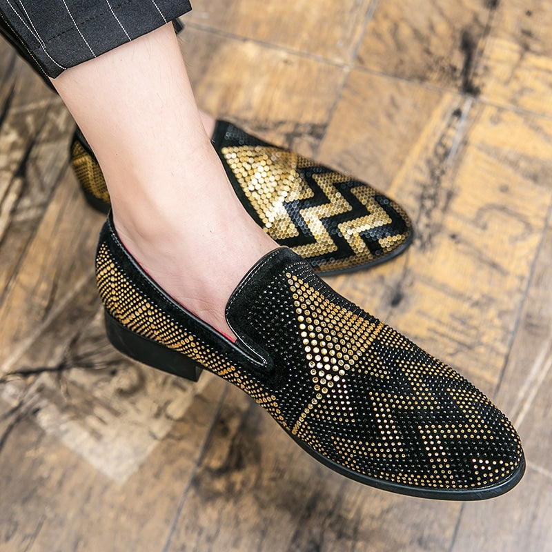 Schwarze Loafer mit goldenen Strasssteinen für Herren