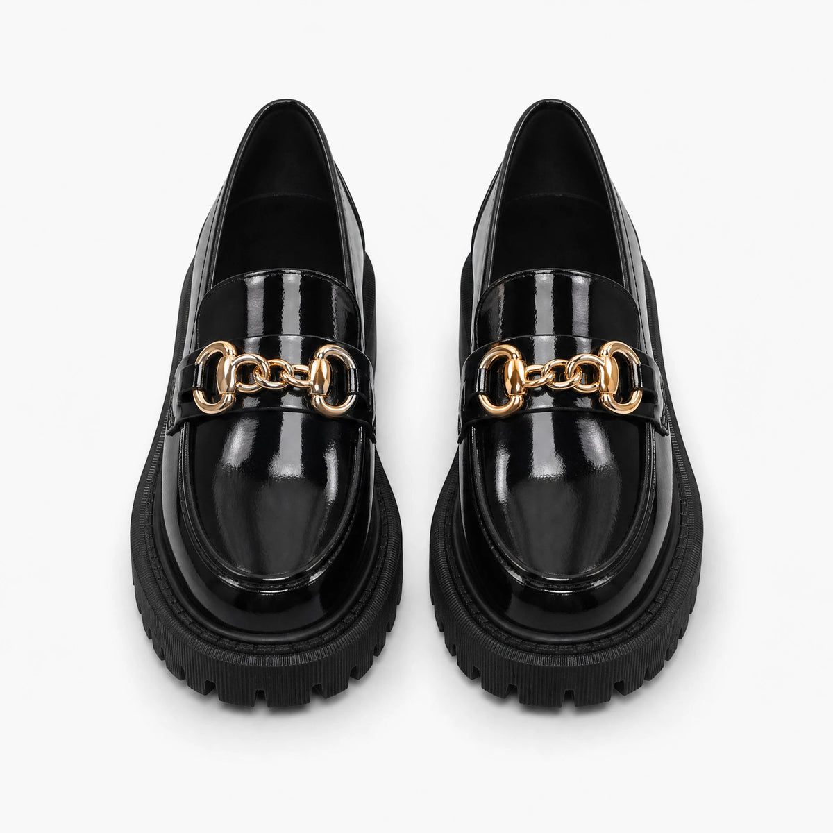 Schwarzer Plateau-Loafer mit goldener Kette für Damen in Schwarz lackiert, Ansicht 1