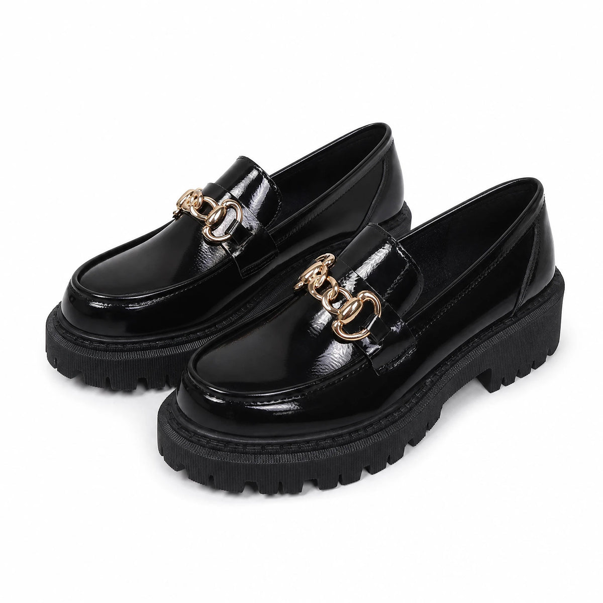 Schwarzer Plateau-Loafer mit goldener Kette für Damen in Schwarz matt, Ansicht 2