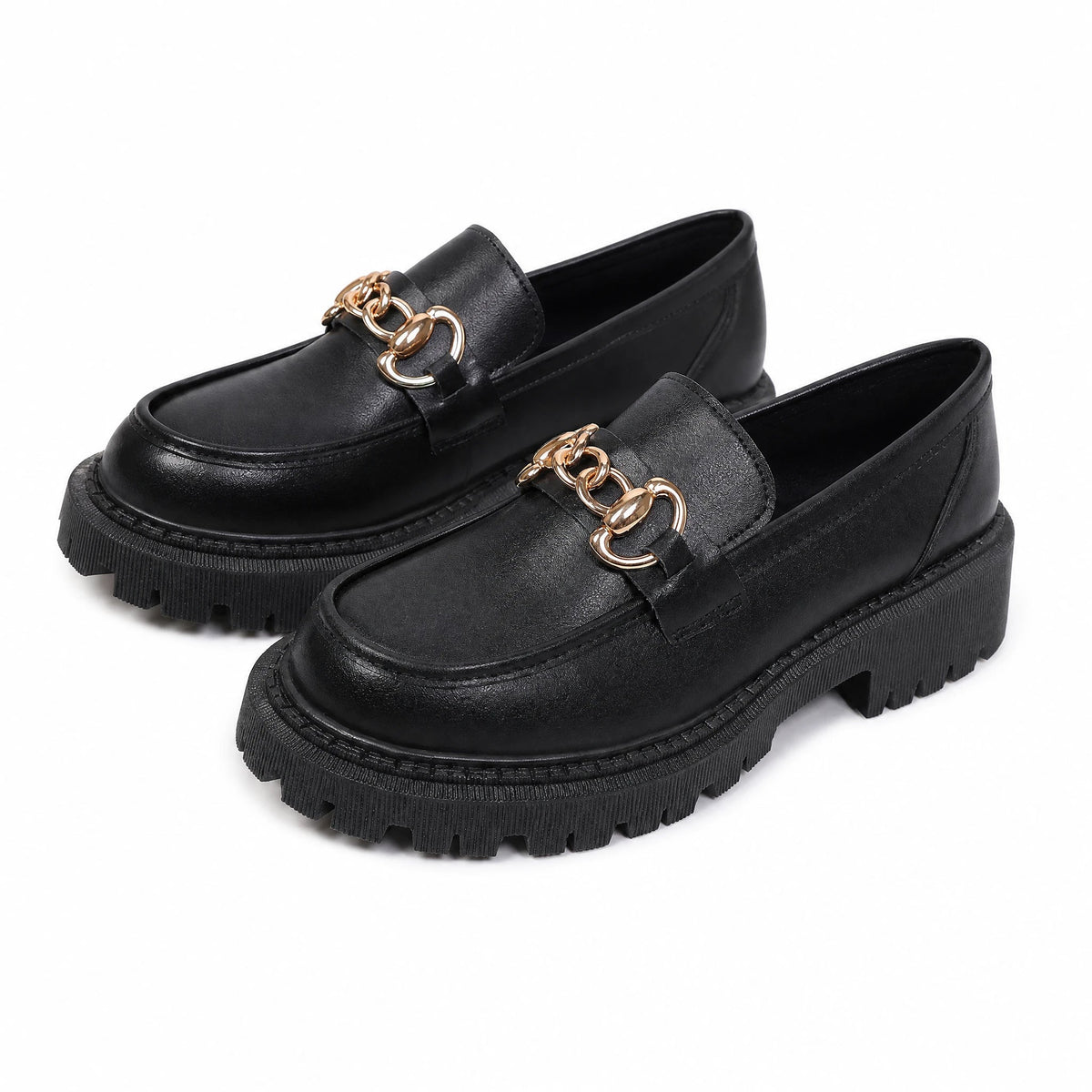 Schwarzer Plateau-Loafer mit goldener Kette für Damen in Schwarz lackiert, Ansicht 5