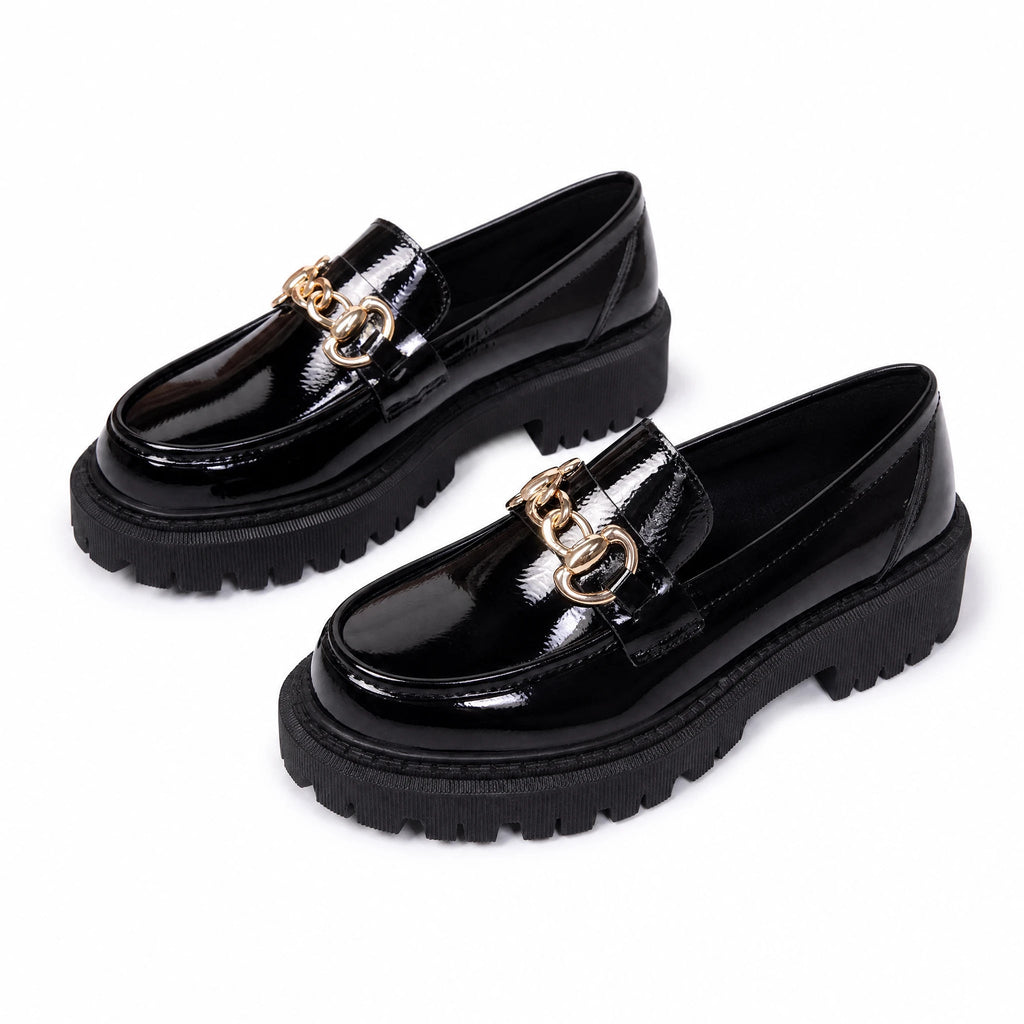 Schwarzer Plateau-Loafer mit goldener Kette für Damen in Schwarz matt, Ansicht 6